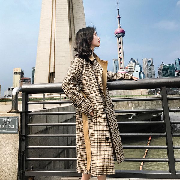 

england style plaid women long winter wool blend coat double breasted pockets wool coat and jacket turn-down collar outerwear, Black