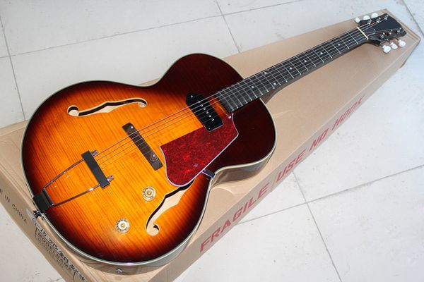 

new arrival sunburst electric guitar,tiger pattern veneer and pull off tremolo,white jade knob and dot inlay,be customized