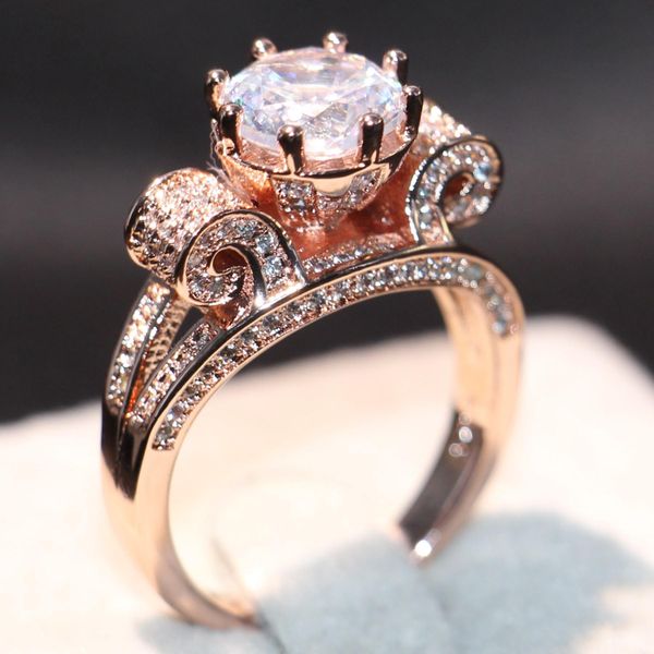 

brand desgin new arrival luxury jewelry 3ct 925 sterling silver&rose gold filled round cut white z cz diamond women wedding crown ring, Slivery;golden