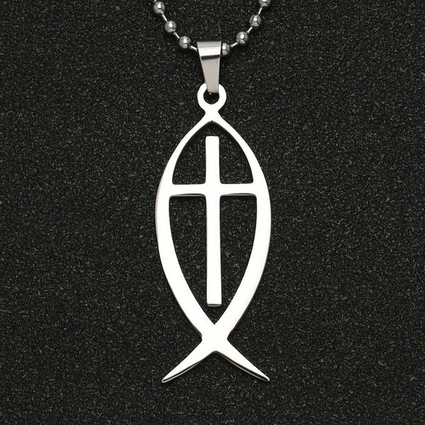 

ichthys necklace ichthus cross fish jesus christ amulet christian religion symbol sign pendant stainless steel jewelry wholesale, Silver