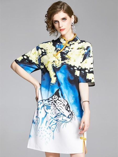 

fashion pattern print chiffon chinese cheongsam dress 2020 summer women mandarin collar hollow out loose dress qipao, Black;gray