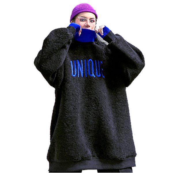 

qing mo black women wool sweatshirt 2019 women letter printed sweatshirt female plus size loose zqy2621
