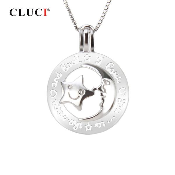 

cluci 925 sterling silver moon and star cage pendant jewelry for mothers' day gift women silver 925 pearl cage pendant