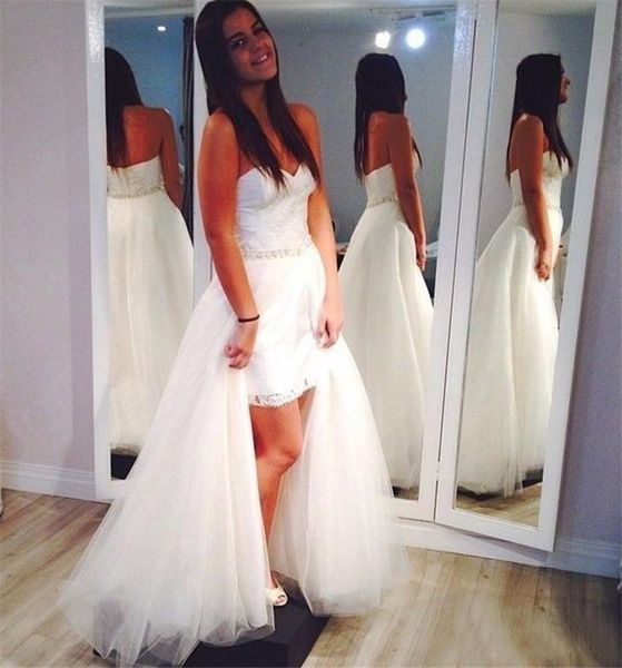 

new design a line beach wedding dresses 2019 with detachable train sweetheart beaded sash tulle floor length boho wedding bridal gowns, White