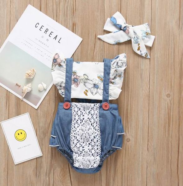 

sunflower baby romper lace suspenders one piece bodusuit for summer baby clothes headband 0-2y h1076, Blue
