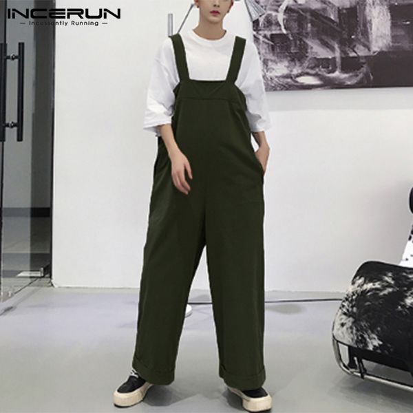 

2019 men romper straps solid color wide leg jumpsuits loose streetwear casual pants korean style men suspenders overalls incerun, Black