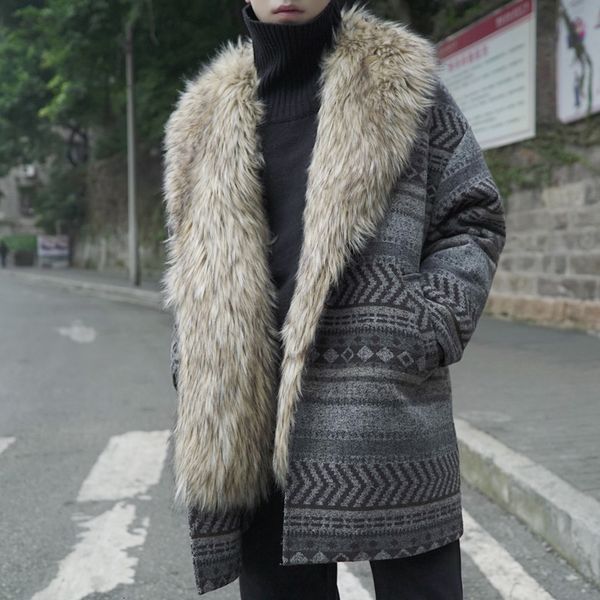

winter thick woolen coat men's warm fashion retro fur collar cotton wool jacket men streetwear loose long parker male clothes, Black