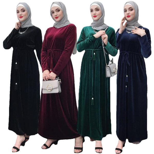 

dubai women muslim long sleeve dress maxi islamic jilbab velvet kaftan with belt tassel prayer lady gown clothing middle east, Red