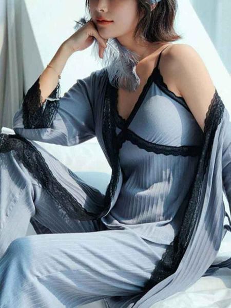 

liiundr black lace nightie cotton pajamas set women sleepwear 3 piece set autumn nightwear home wear kimonos chest pad 1601, Black;red