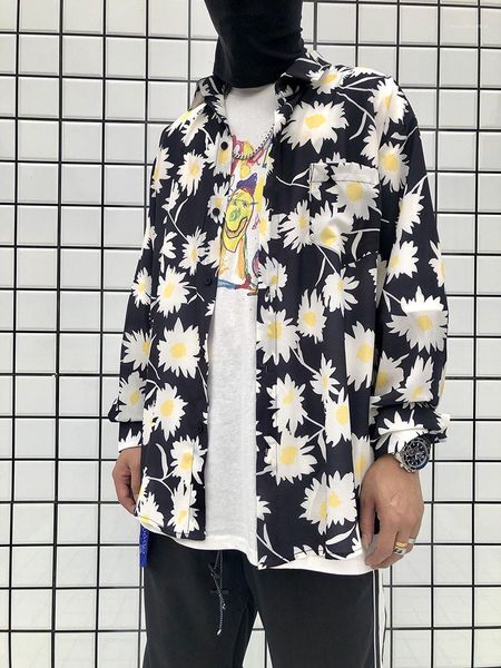 

single breasted male daisy printed mens casual shirts spring summer long sleeve lapel neck mens shirts, White;black