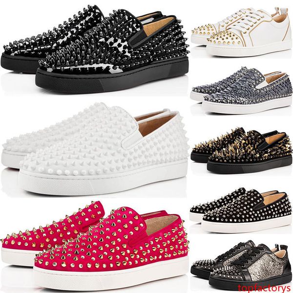 

2019 new designer studded spikes flats shoes red with flat bottoms shoes mens womens party lovers genuine leather sneakers size 36-46