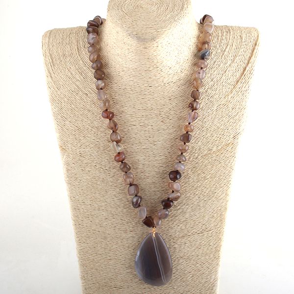 

moodpc fashion bohemian jewelry irregular stripe natural stone long knotted drop pendant necklace, Silver
