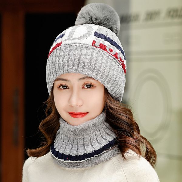 

brand new letter knitting hats women velvet thick beanie skullies hat bib suit female outdoor cycling windproof bonnet wool caps, Blue;gray