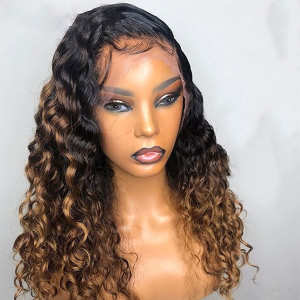 

paff ombre honey blonde curly human hair wig brazilian remy preplucked full lace wig glueless baby hair for women, Black;brown