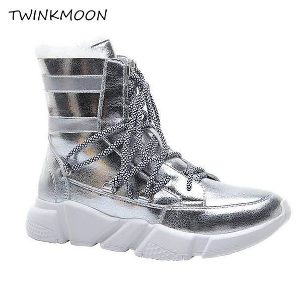 

real fur winter boots patent genuine leather fashion lace up snow boots winter shoes ankle botines mujer 2019, Black