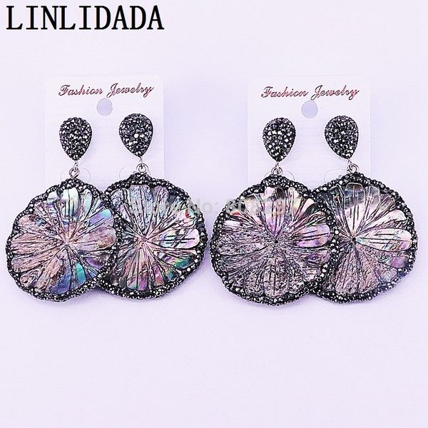 

3pair fashion women dangle earrings natural shell with paved rhinestone flower shape charm earrings, Silver