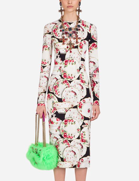 

flower print women sheath dress round neck elegant long sleeve party dresses 11k888, White;black