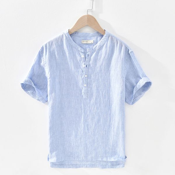 

summer 100% linen short sleeve shirts for men casual fashion blue pullover classic thin section man y2472, White;black