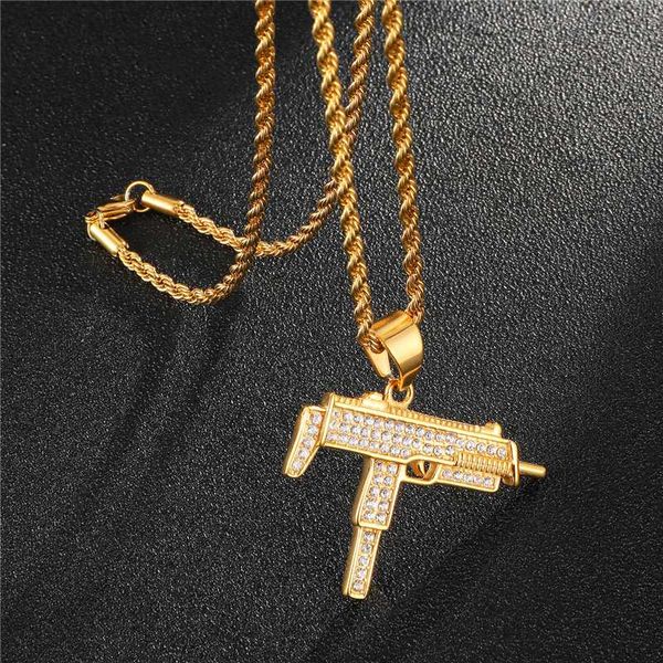 

stainless steel uzi gun shape pendant necklace iced out bilng rhinestone gun with twisted chain collier, Silver