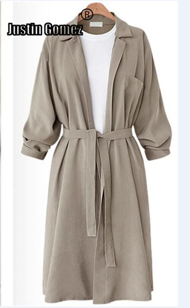 

fall 2019 front open long coat outerwear spring autumn trench coat with belt knee length commute plus size woman clothes, Tan;black