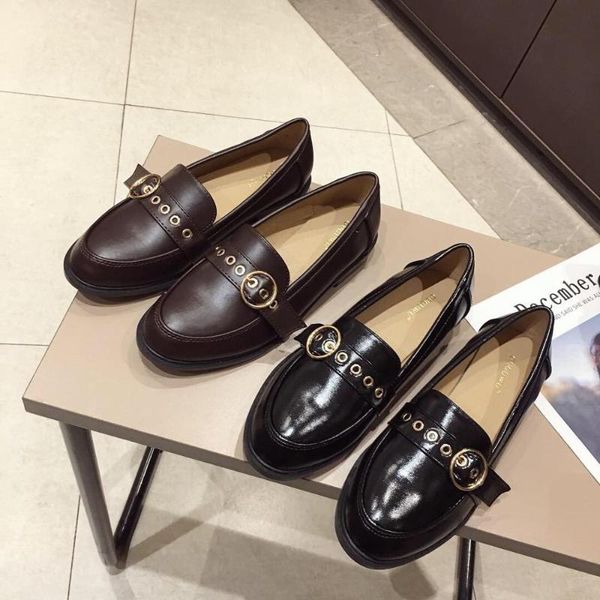 

casual woman shoe womens loafers shoes round toe oxfords women's female footwear slip-on leather new dress retro flat leisure, Black