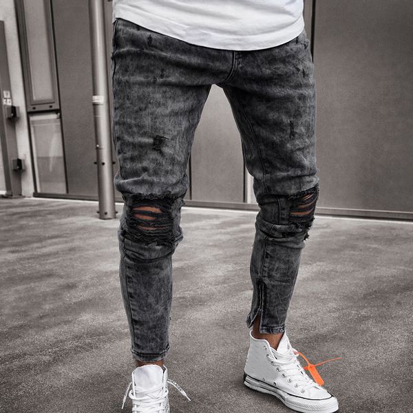 

feitong cotton jeans men spring 2019 menclothes denim pants distressed freyed slim fit casual trousers stretch ripped jeans, Blue