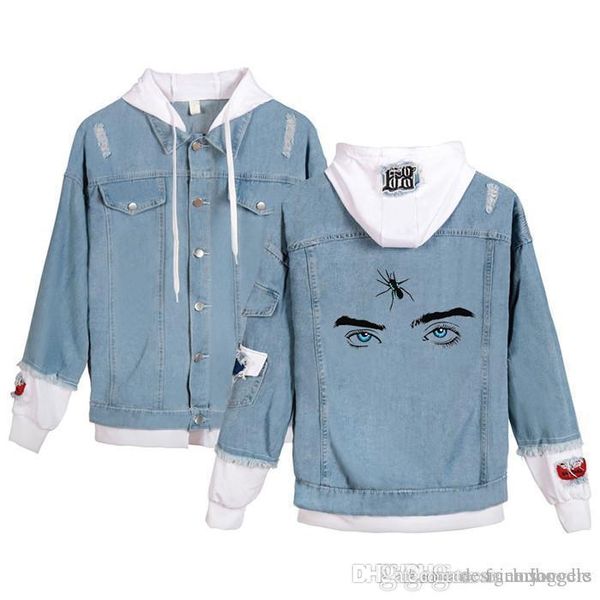 

eyes pattern printed hole panelled single breasted jean jacket men long sleeve hooded jacket couple clothing, Black;brown