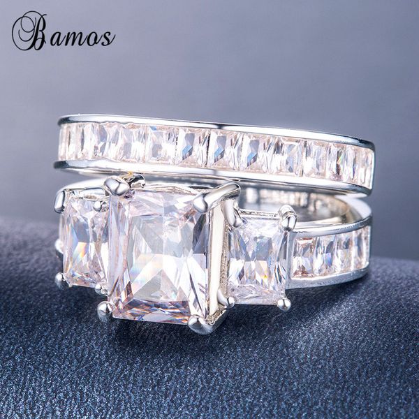 

bamos female white cz finger ring set luxury 925 silver ring vintage wedding band promise engagement rings for women, Slivery;golden