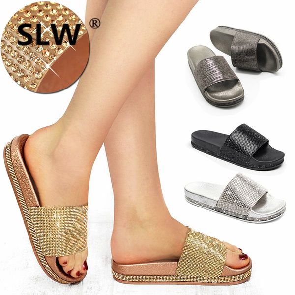

women's slippers 2019 lady glitter slides socofy shoes platform low fenty beauty new baby jelly soft sliders luxury flat pu, Black