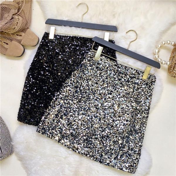 

high waist heavy industry sequins small a package hip skirt women, Black
