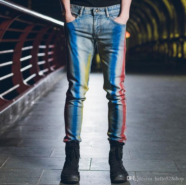 

painted denim jeans men classic retro trend trousers special printing classic dating club stage famous brand jeans pants for mens, Blue
