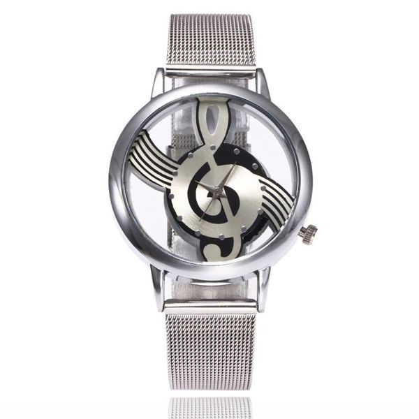 

2017 new brand fashion hollow music note notation watch stainless steel quartz wrist watch for men women silver mesh watches, Slivery;brown
