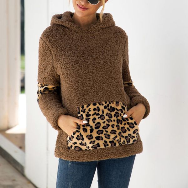 

ladies pullovers splice fashion leopard printed warm jumper pocket loose casual hoodies sweatshirt women hoodies, Black