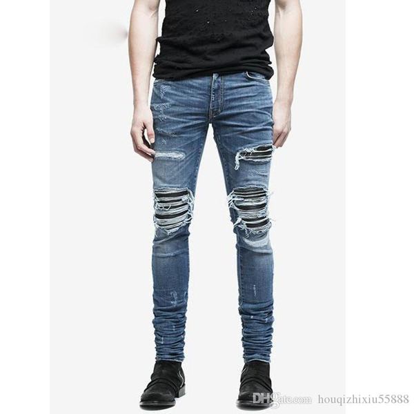 

fashion high street mens destroyed jeans hole casual pants ankle cool blue joggger damage jeans rock star jeans