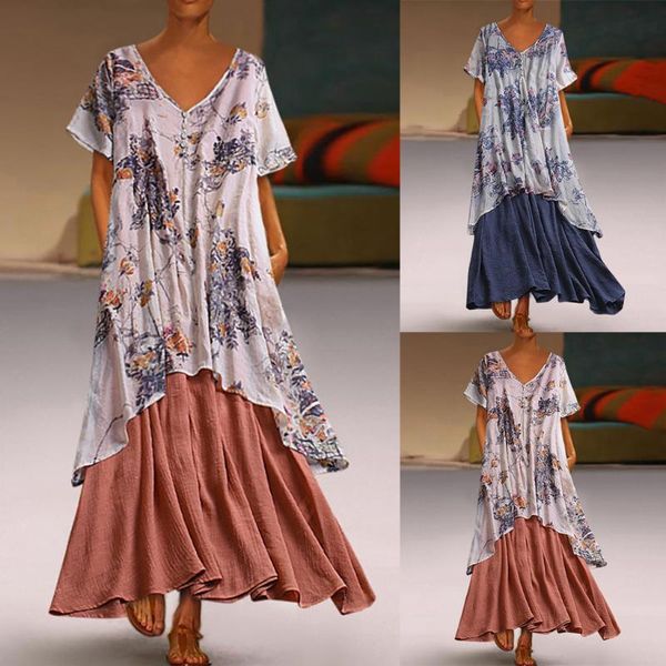 

women vintage bohemian print floral dress short sleeve v-neck maxi dress, Black;gray