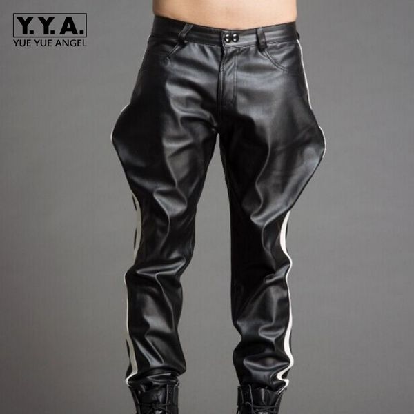 

высокое качество роскошные мужские брюки черный искусственная кожа мужские брюки повседневная свободная посадка брюки уличная мотоцикл брюки, Black