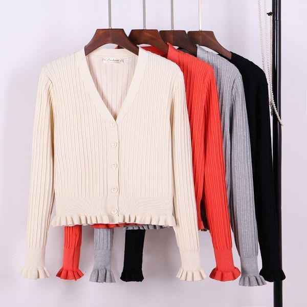 

woman designer sweaters designer sweater v neck women cardigan ribbed ruffled girls coat spring autumn jacket knitted sweaters, White;black