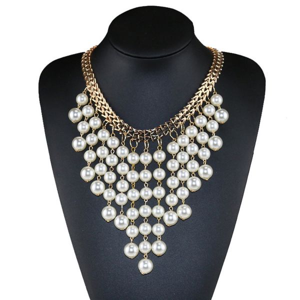 

new fashion women hand-made multilayer tassels retro pearl pendant necklaces punk short style bridal wedding jewelry ing, Silver