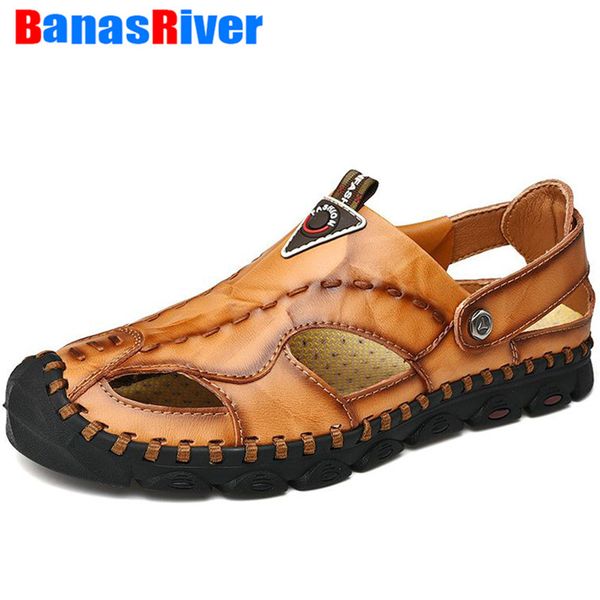 

collision toe casual men soft sandals comfortable hollow breathable leather roman summer outdoor flat beach shoes big size 38-46, Black
