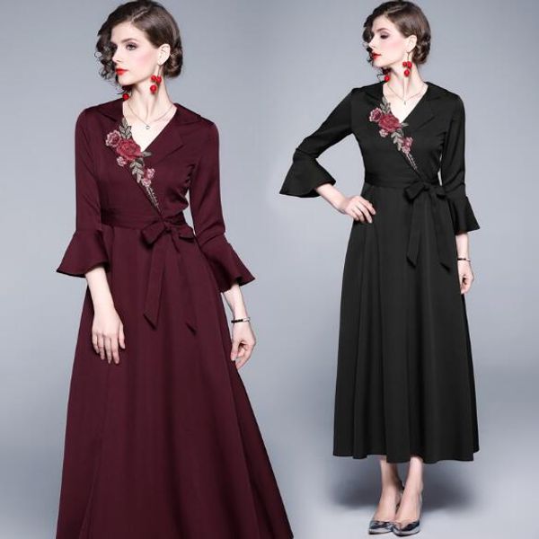 

elegant v-neck embroidered bell sleeve lace up slim long swing dress, White;black
