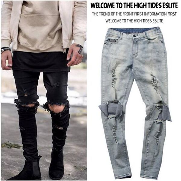 

skinny distressed slim ripped jeans for men male designer biker hip hop black denim hole jeans pants kanye west, Blue