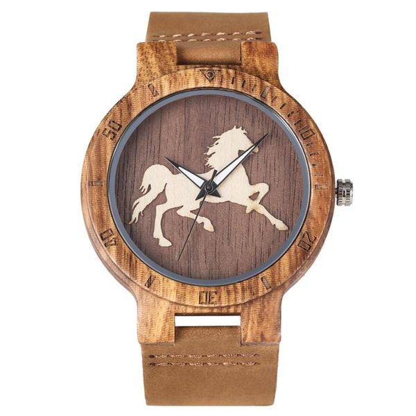 

3d деревянные running horse design мужчины часы кварцевый механизм royal brown мужская натуральная кожа наручные часы часы новый 2020 мужчин, Slivery;brown