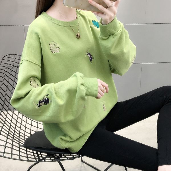

qiu dong han edition new avocado cartoon embroidery thin style sweater loose women's oversize women's coat, Black