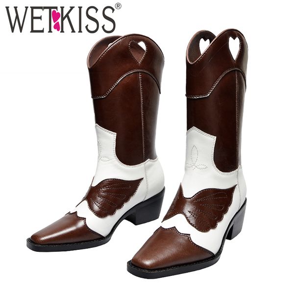 

wetkiss western boots women cowboy mid-calf boots square toe leather shoes female cuban heels high shoes ladies autumn new, Black