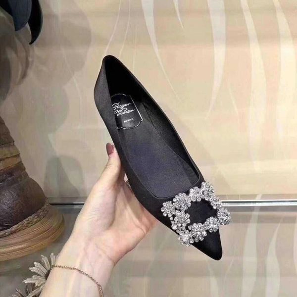 

single shoes 2019 new silk square buckle rhinestone pointed shoes casual fashion shallow mouth single women, Black