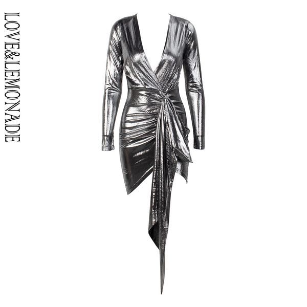 

love&lemonade deep v-neck pleated ribbon decoration sparkling fabric bldycon going out party dress lm81639 silver, Black;gray