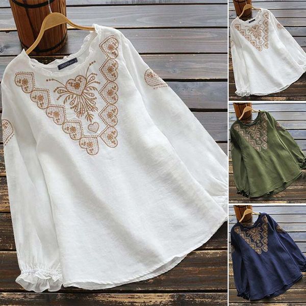 

women's blouses & shirts plus size stylish floral tunic spring blouse 2021 zanzea casual long sleeve blusas female embroidery s-5xl, White