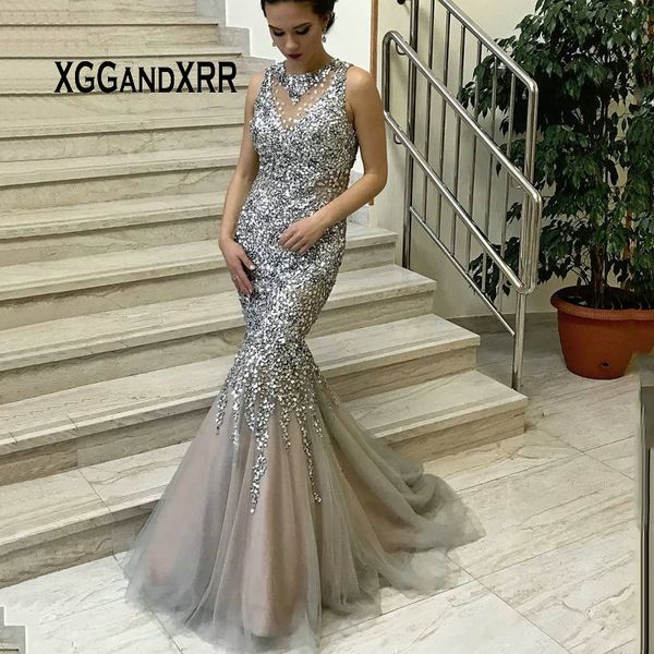 

luxury silver gray mermaid prom dress 2019 elegant o neck heavy beaded sequins long formal evening dress women party gown, White;black