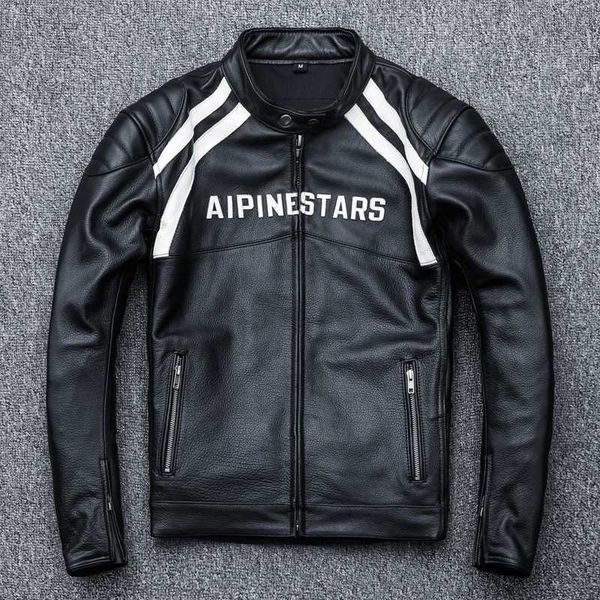 

suit men's racing professional motorcycle letters stand collar cow biaker jacket men moto leather coat protective gear, Black
