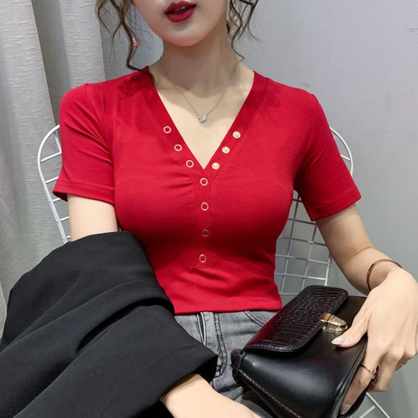 

shintimes camisetas mujer 2020 лето кнопка футболка женщины черный тонкий футболка корейский стиль одежды сексуальная v-образным вырезом фут, White